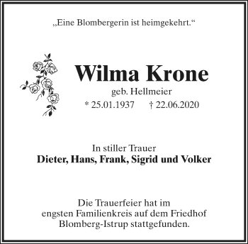 Anzeige  Wilma Krone  Lippische Landes-Zeitung