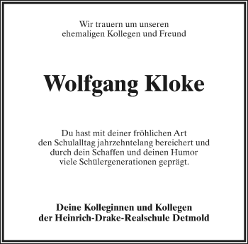 Anzeige  Wolfgang Kloke  Lippische Landes-Zeitung