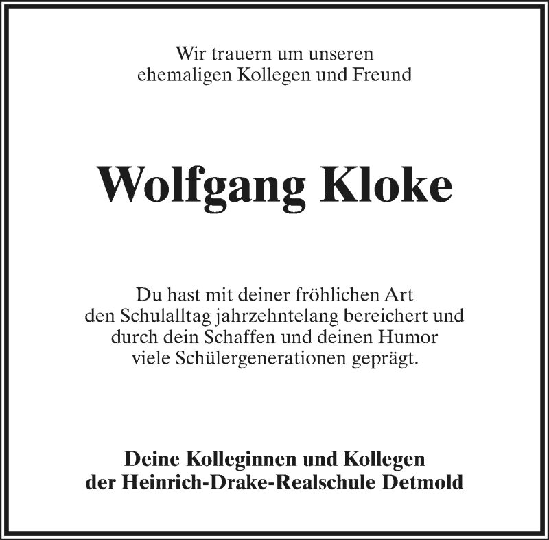  Traueranzeige für Wolfgang Kloke vom 11.07.2020 aus Lippische Landes-Zeitung