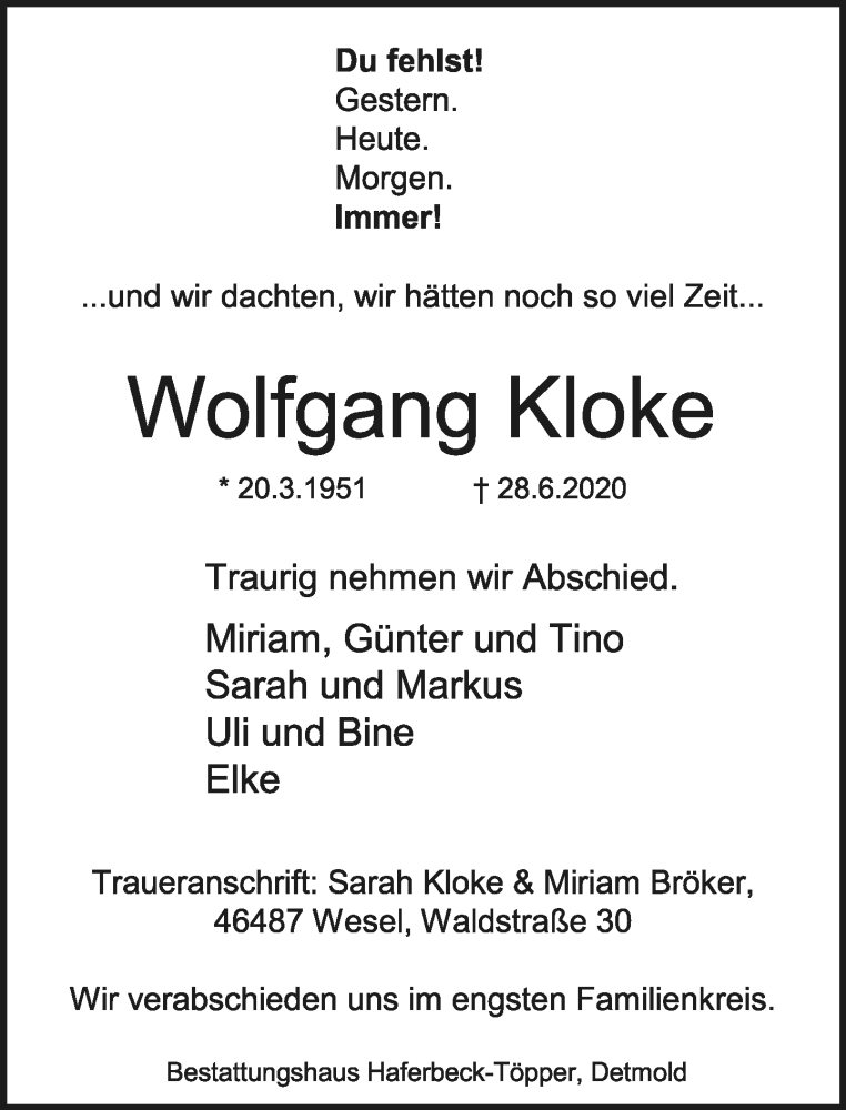  Traueranzeige für Wolfgang Kloke vom 04.07.2020 aus Lippische Landes-Zeitung