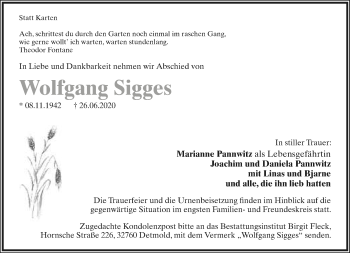 Anzeige  Wolfgang Sigges  Lippische Landes-Zeitung