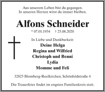 Anzeige  Alfons Schneider  Lippische Landes-Zeitung