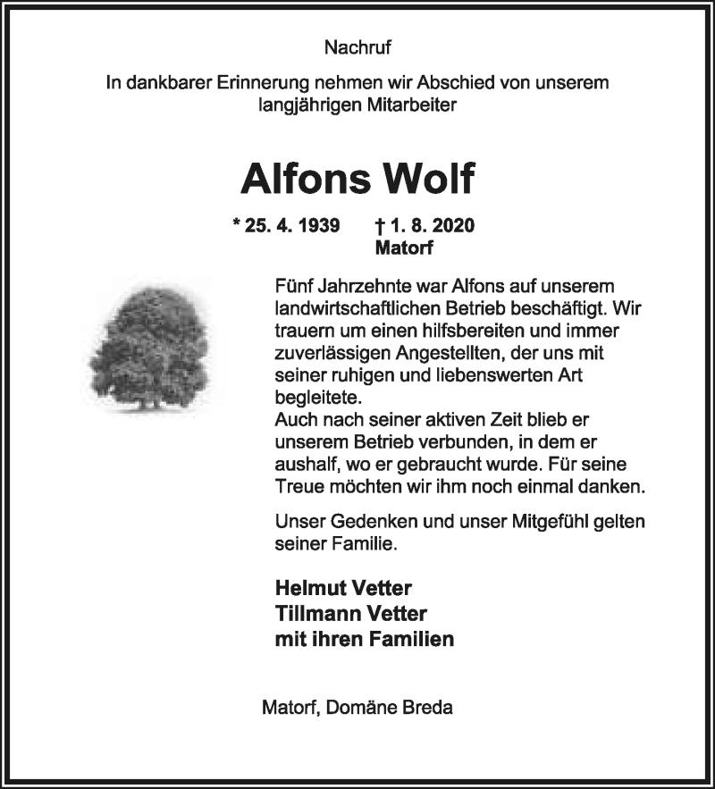  Traueranzeige für Alfons Wolf vom 08.08.2020 aus Lippische Landes-Zeitung