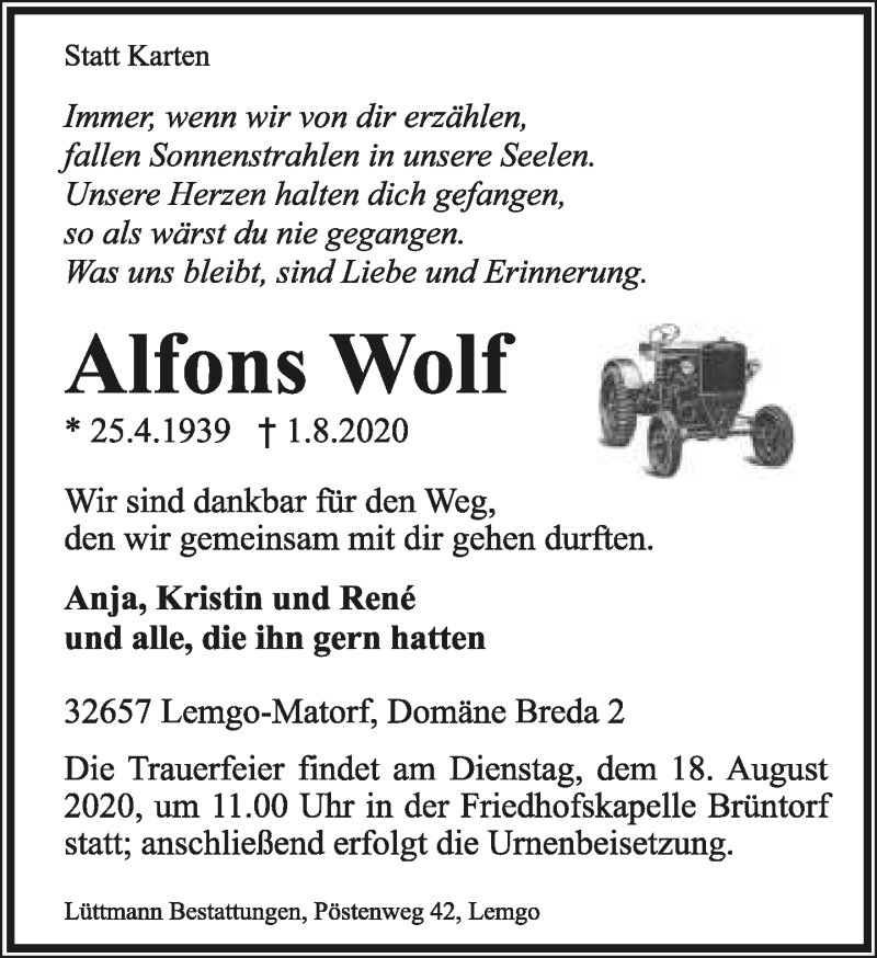  Traueranzeige für Alfons Wolf vom 08.08.2020 aus Lippische Landes-Zeitung