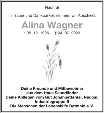 Anzeige  Alina Wagner  Lippische Landes-Zeitung