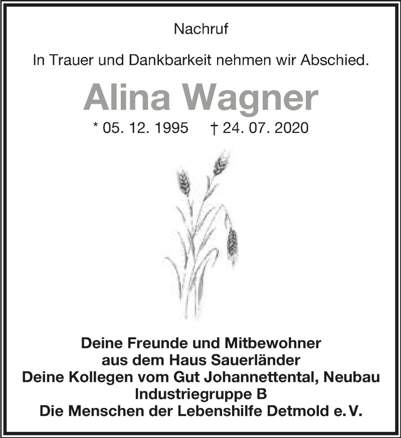  Traueranzeige für Alina Wagner vom 01.08.2020 aus Lippische Landes-Zeitung