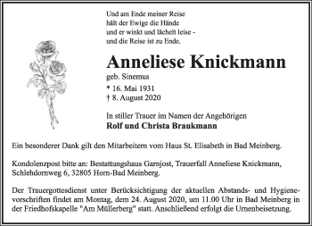 Anzeige  Anneliese Knickmann  Lippische Landes-Zeitung