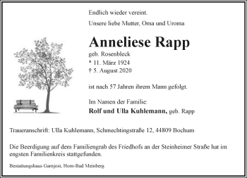 Anzeige  Anneliese Rapp  Lippische Landes-Zeitung