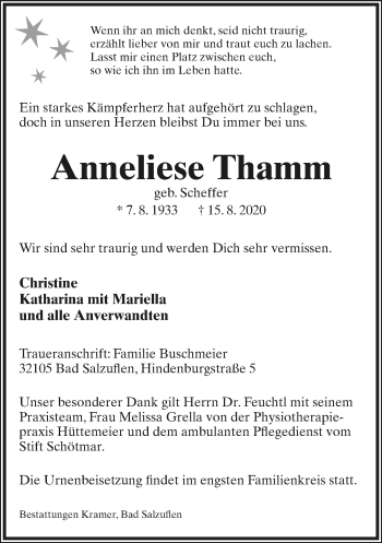 Anzeige  Anneliese Thamm  Lippische Landes-Zeitung