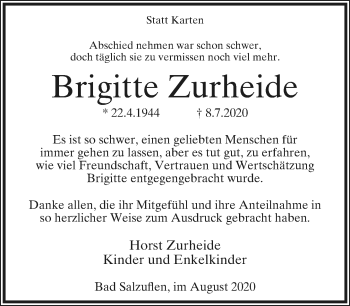 Anzeige  Brigitte Zurheide  Lippische Landes-Zeitung