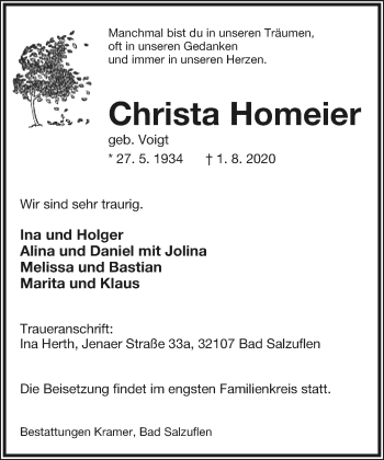 Anzeige  Christa Homeier  Lippische Landes-Zeitung