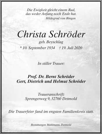 Anzeige  Christa Schröder  Lippische Landes-Zeitung