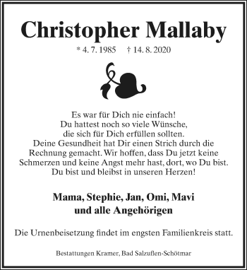 Anzeige  Christopher Mallaby  Lippische Landes-Zeitung