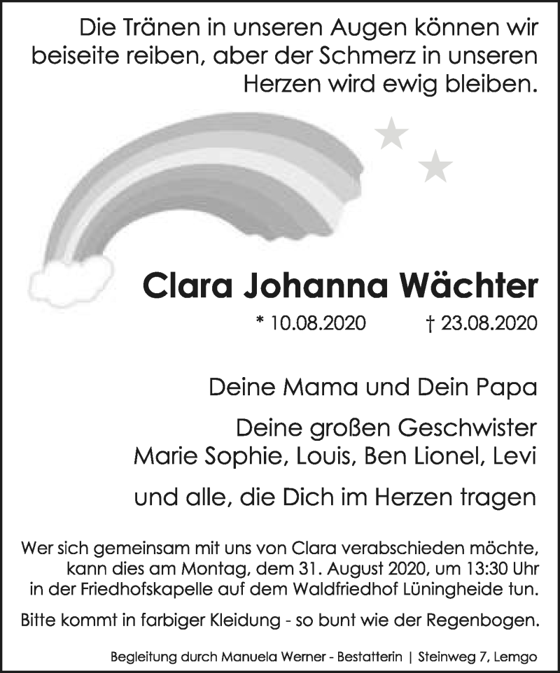  Traueranzeige für Clara Johanna Wächter vom 29.08.2020 aus Lippische Landes-Zeitung