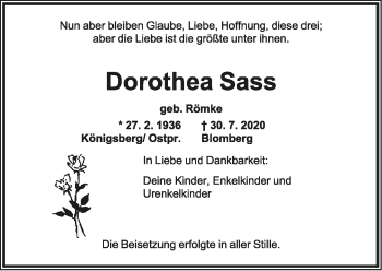 Anzeige  Dorothea Sass  Lippische Landes-Zeitung