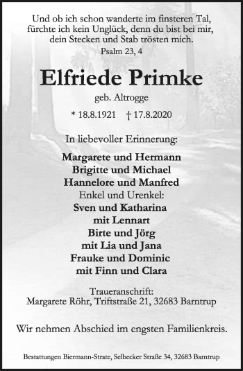 Anzeige  Elfriede Primke  Lippische Landes-Zeitung