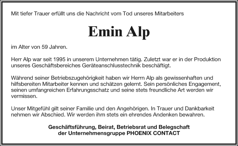  Traueranzeige für Emin Alp vom 05.08.2020 aus Lippische Landes-Zeitung