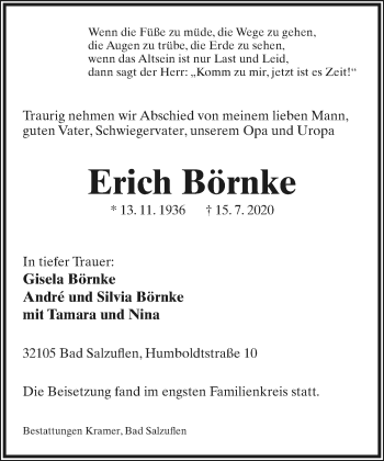 Anzeige  Erich Börnke  Lippische Landes-Zeitung
