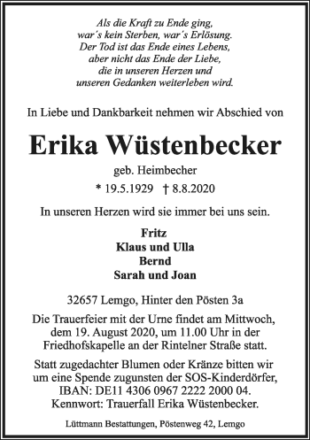 Anzeige  Erika Wüstenbecker  Lippische Landes-Zeitung