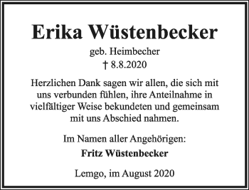 Anzeige  Erika Wüstenbecker  Lippische Landes-Zeitung