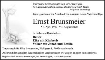 Anzeige  Ernst Brunsmeier  Lippische Landes-Zeitung