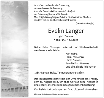 Anzeige  Evelin Langer  Lippische Landes-Zeitung