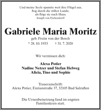 Anzeige  Gabriele Maria Moritz  Lippische Landes-Zeitung