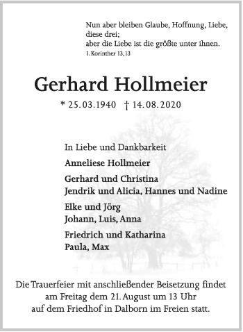 Anzeige  Gerhard Hollmeier  Lippische Landes-Zeitung