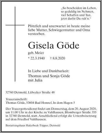 Anzeige  Gisela Göde  Lippische Landes-Zeitung
