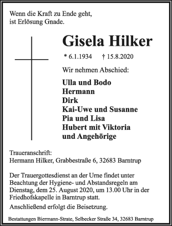 Anzeige  Gisela Hilker  Lippische Landes-Zeitung