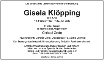 Anzeige  Gisela Klöpping  Lippische Landes-Zeitung