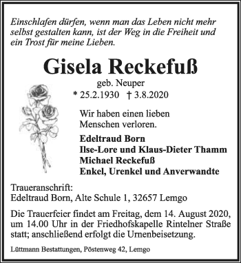 Anzeige  Gisela Reckefuß  Lippische Landes-Zeitung