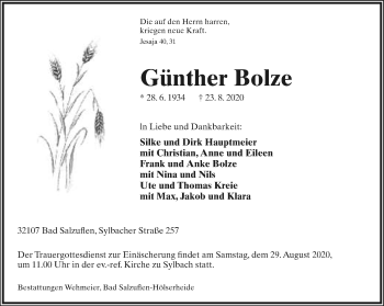 Anzeige  Günther Bolze  Lippische Landes-Zeitung