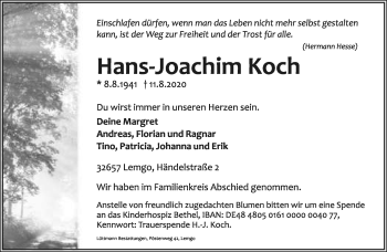 Anzeige  Hans-Joachim Koch  Lippische Landes-Zeitung