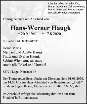Anzeige  Hans-Werner Haugk  Lippische Landes-Zeitung