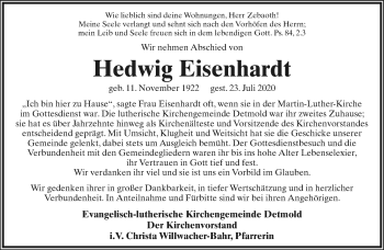 Anzeige  Hedwig Eisenhardt  Lippische Landes-Zeitung
