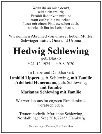 Anzeige  Hedwig Schlewing  Lippische Landes-Zeitung
