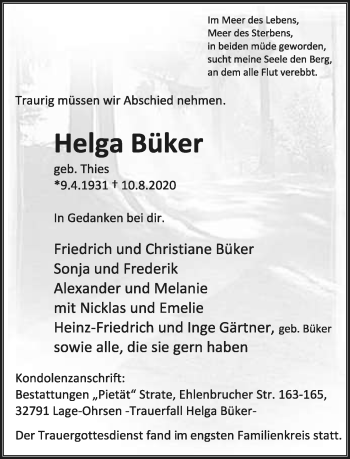 Anzeige  Helga Büker  Lippische Landes-Zeitung