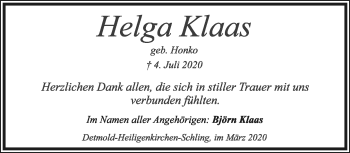 Anzeige  Helga Klaas  Lippische Landes-Zeitung