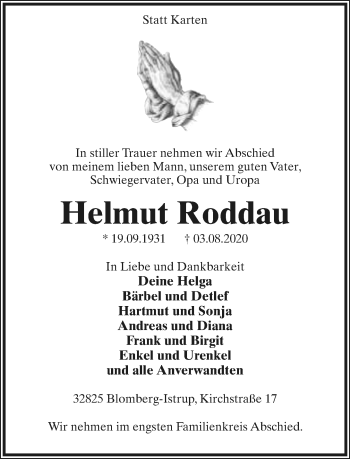Anzeige  Helmut Roddau  Lippische Landes-Zeitung