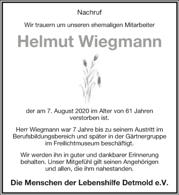 Anzeige  Helmut Wiegmann  Lippische Landes-Zeitung