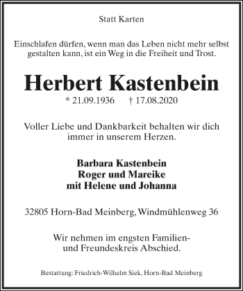 Anzeige  Herbert Kastenbein  Lippische Landes-Zeitung