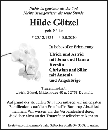 Anzeige  Hilde Götzel  Lippische Landes-Zeitung