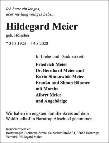 Anzeige  Hildegard Meier  Lippische Landes-Zeitung