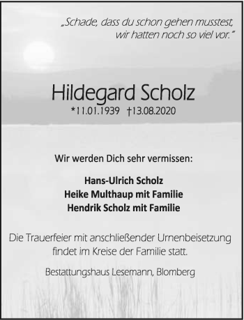 Anzeige  Hildegard Scholz  Lippische Landes-Zeitung