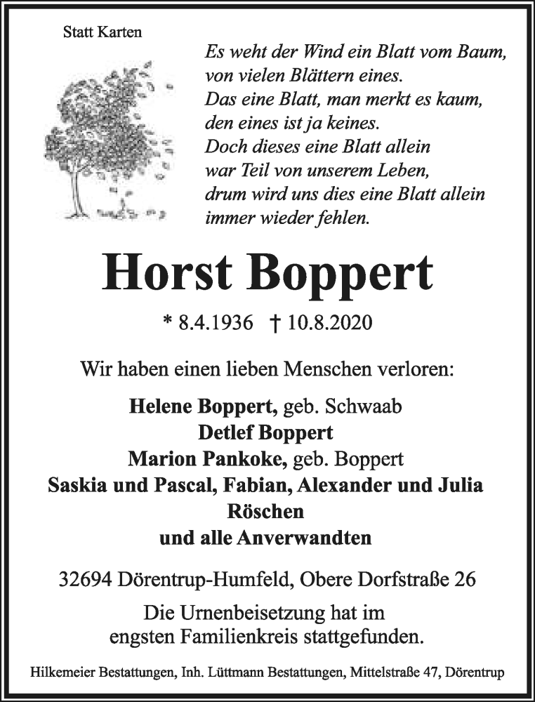  Traueranzeige für Horst Boppert vom 29.08.2020 aus Lippische Landes-Zeitung