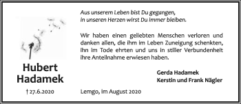 Anzeige  Hubert Hadamek  Lippische Landes-Zeitung