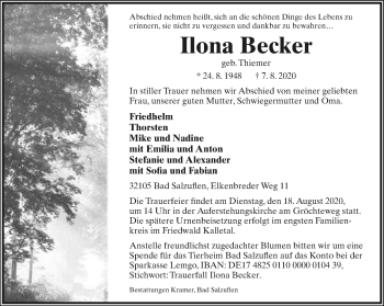 Anzeige  Ilona Becker  Lippische Landes-Zeitung