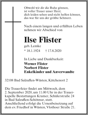 Anzeige  Ilse Flister  Lippische Landes-Zeitung