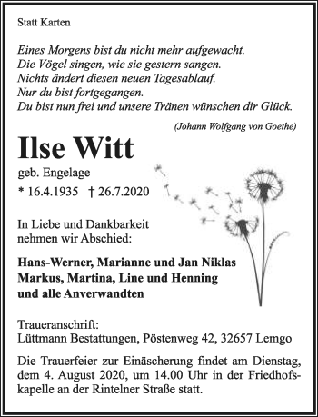 Anzeige  Ilse Witt  Lippische Landes-Zeitung